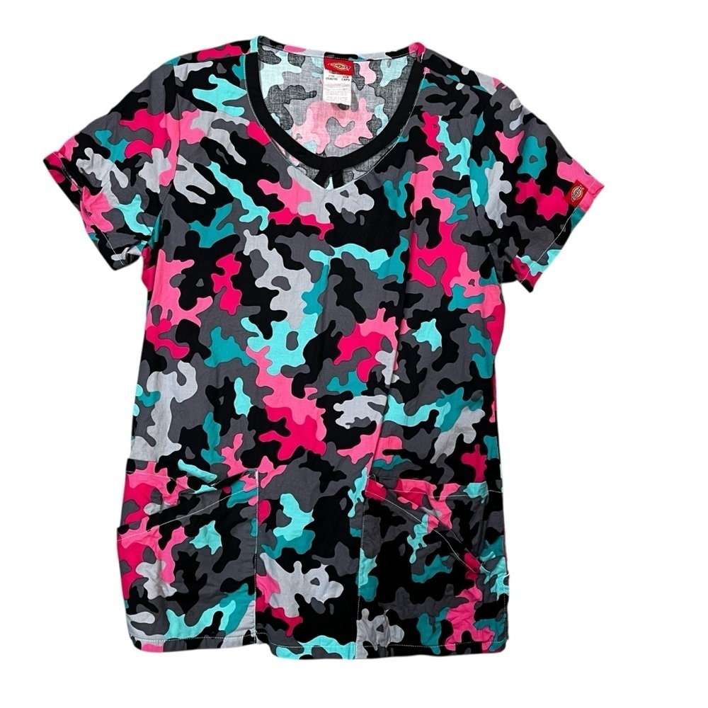 Dickies EDS Printed Camo Small V-neck Black Pink Teal Scrub Top Short Sleeve